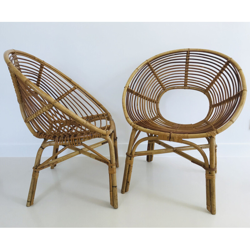 Pair of vintage rattan armchairs, France 1960