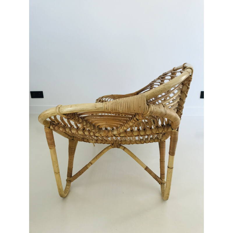 Vintage rattan chaise longue France, 1960s