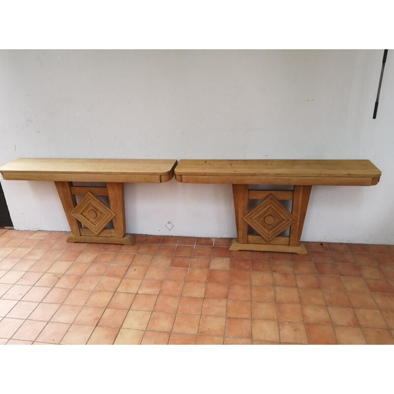 Pair of vintage art deco console in bleached oak, 1940s