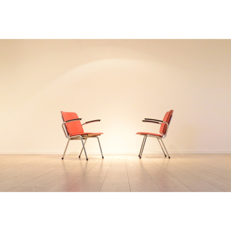 Pair of Dutch Gispen armchairs in red leatherette and chromed metal - 1960s