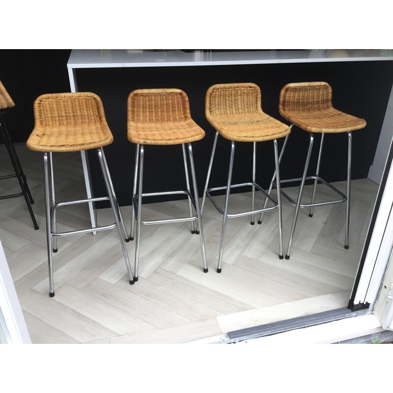 Set of 4 vintage rattan bar stools by Dirk Van Sliedrecht for Rohé Noordwolde 