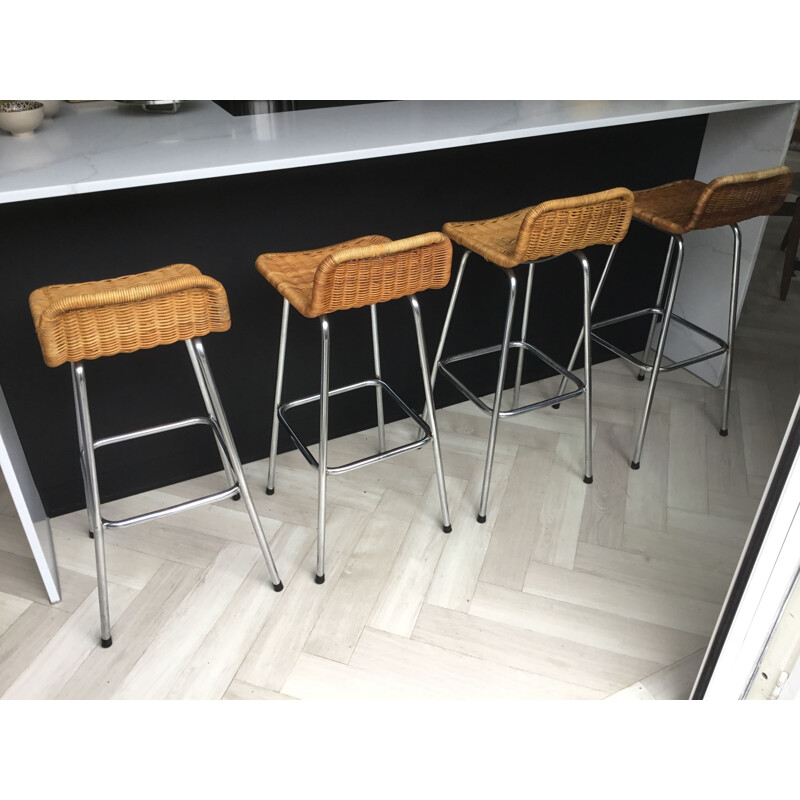 Set of 4 vintage rattan bar stools by Dirk Van Sliedrecht for Rohé Noordwolde 