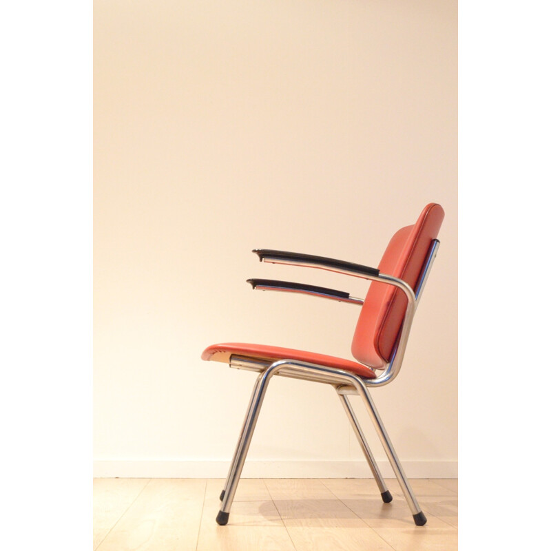 Pair of Dutch Gispen armchairs in red leatherette and chromed metal - 1960s