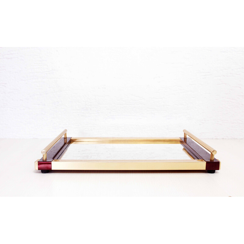 Vintage Art Deco style tray in gold and burgundy metal, 1970