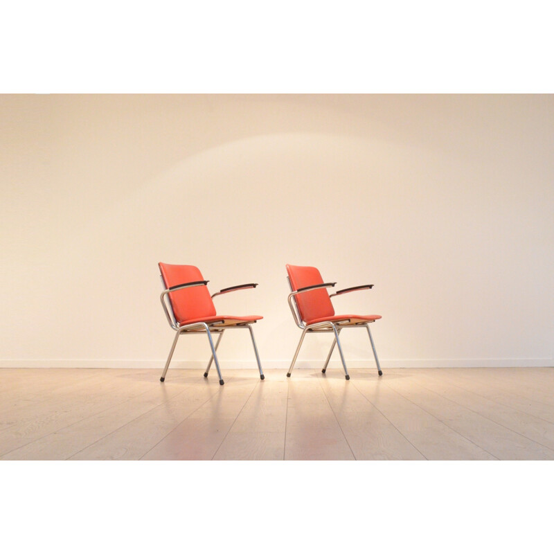 Pair of Dutch Gispen armchairs in red leatherette and chromed metal - 1960s