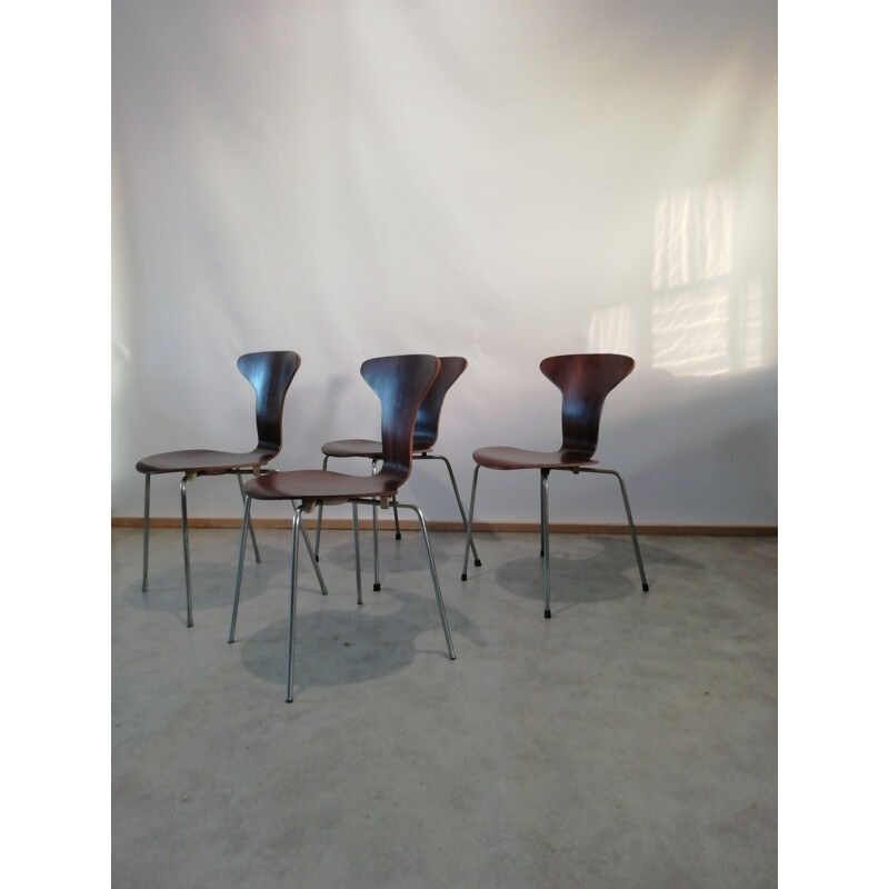 Set van 4 vintage muggenstoelen no 3105 myggen Door Arne Jacobsen voor Fritz Hansen, Denemarken 1950