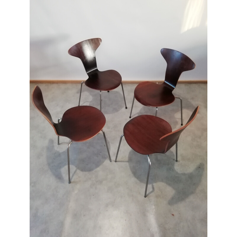 Set van 4 vintage muggenstoelen no 3105 myggen Door Arne Jacobsen voor Fritz Hansen, Denemarken 1950
