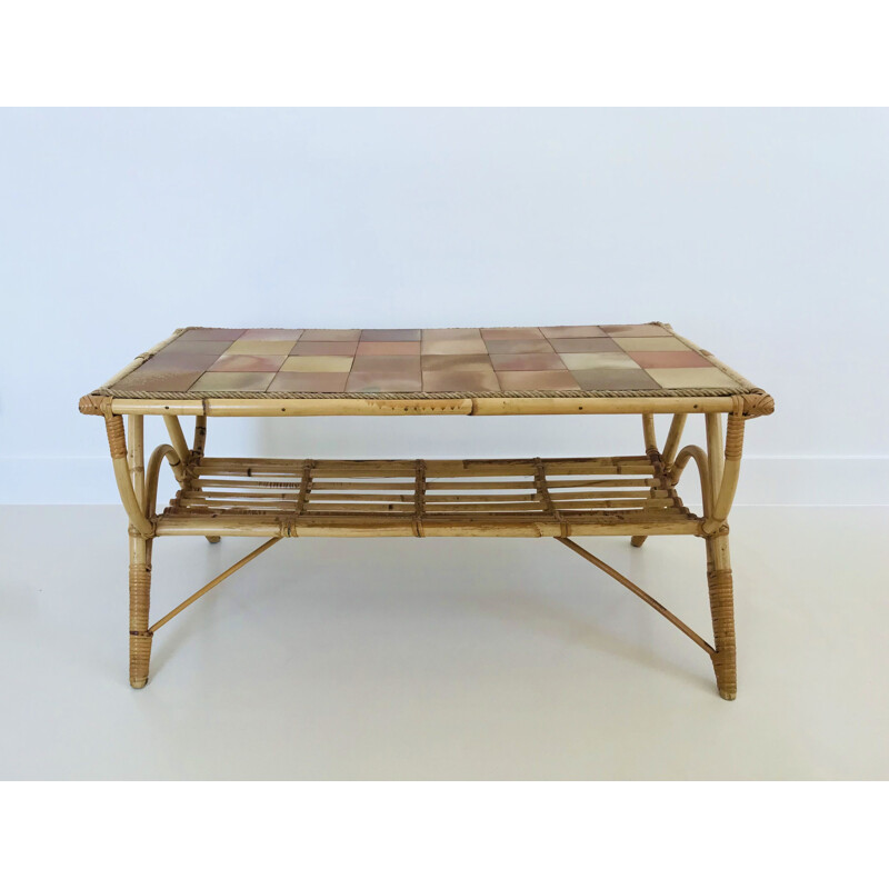 Vintage coffee table in rattan and ceramic tiles, France 1960