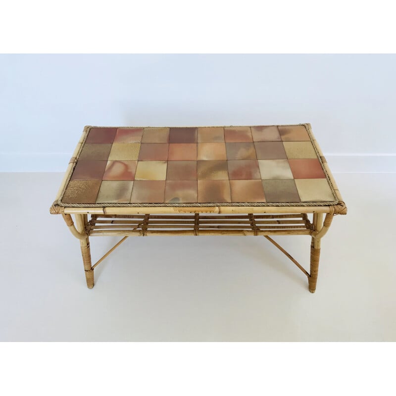 Vintage coffee table in rattan and ceramic tiles, France 1960