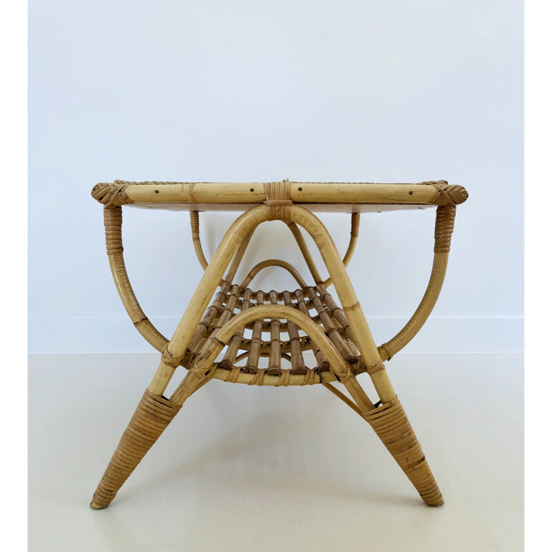 Vintage coffee table in rattan and ceramic tiles, France 1960