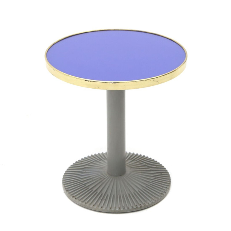 Mesa de centro vintage con tapa de cristal azul y latón, Italia 1980