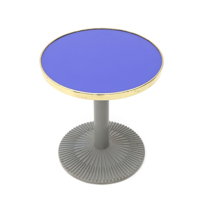 Vintage coffee table with blue glass and brass top, Italy 1980