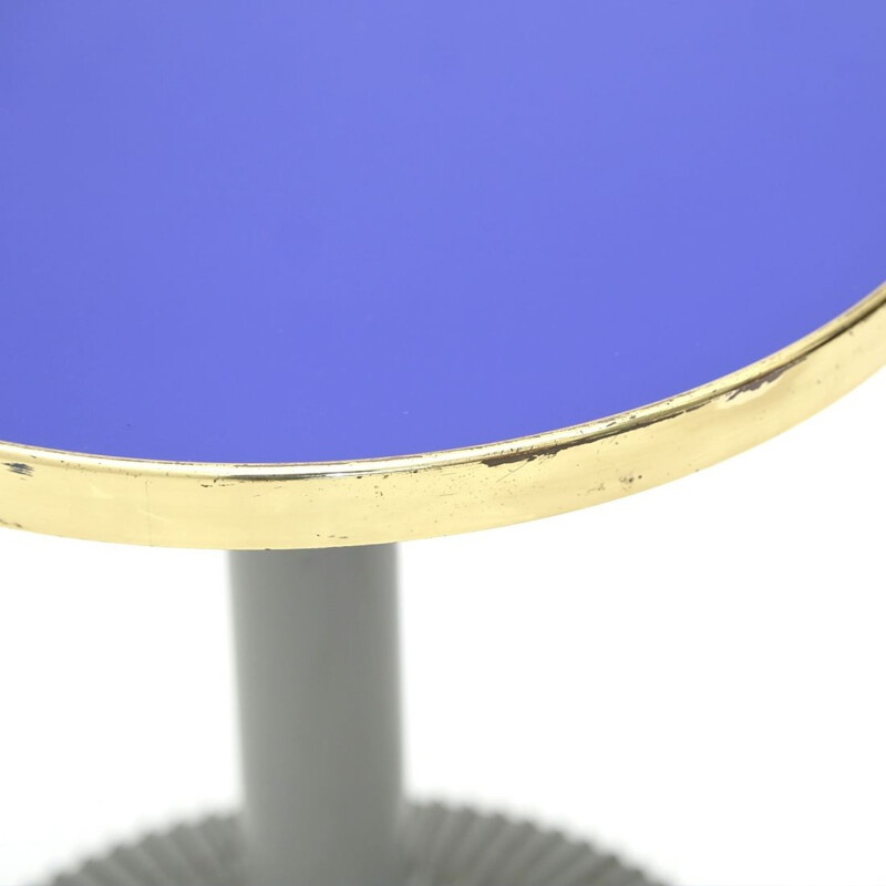 Vintage coffee table with blue glass and brass top, Italy 1980