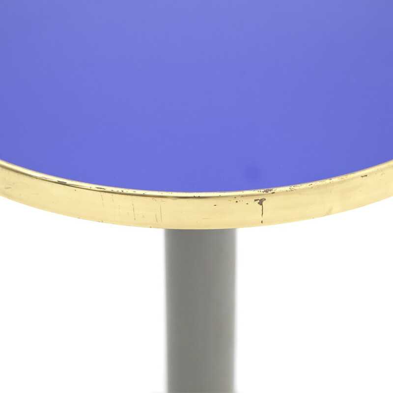 Vintage coffee table with blue glass and brass top, Italy 1980