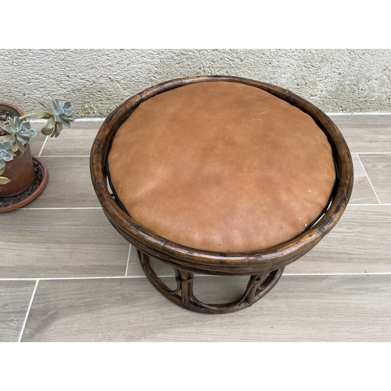 Vintage rattan and leather pouffe