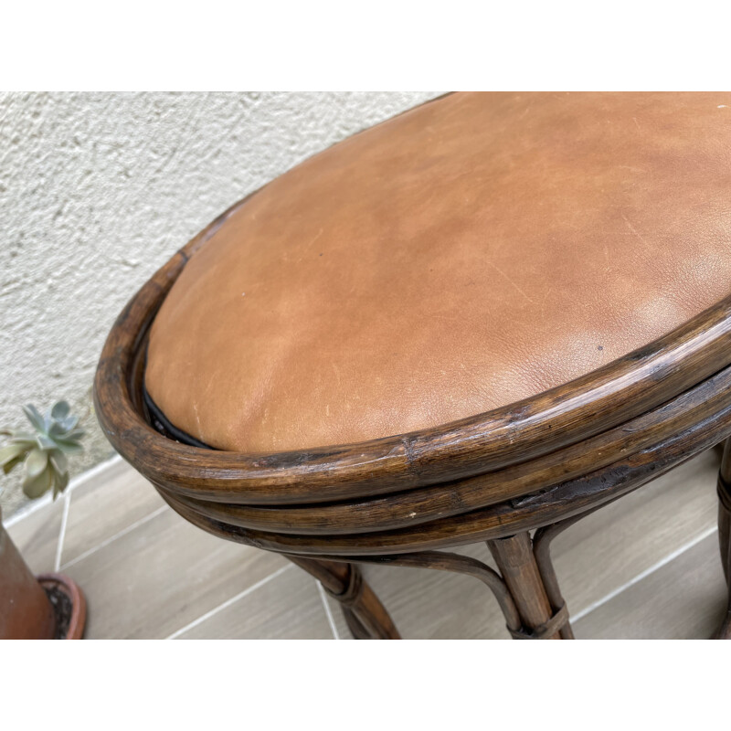 Vintage rattan and leather pouffe