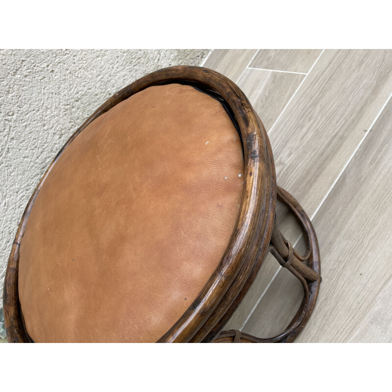 Vintage rattan and leather pouffe