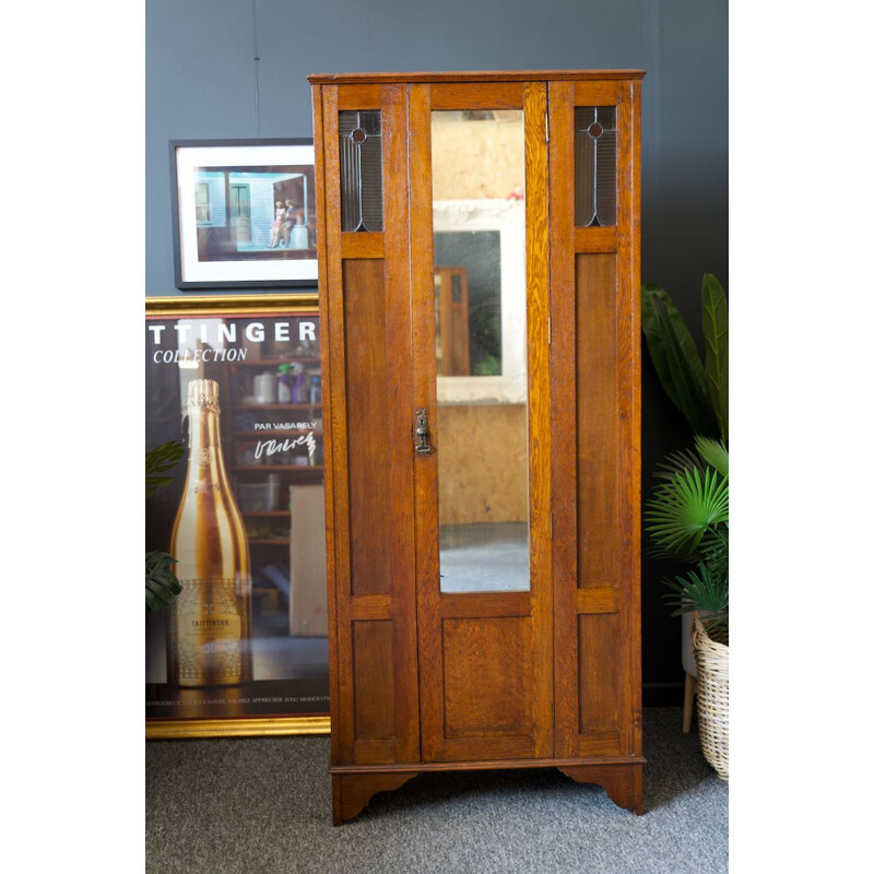 Mid century solid oak Arts & Crafts wardrobe with stained glass detail 