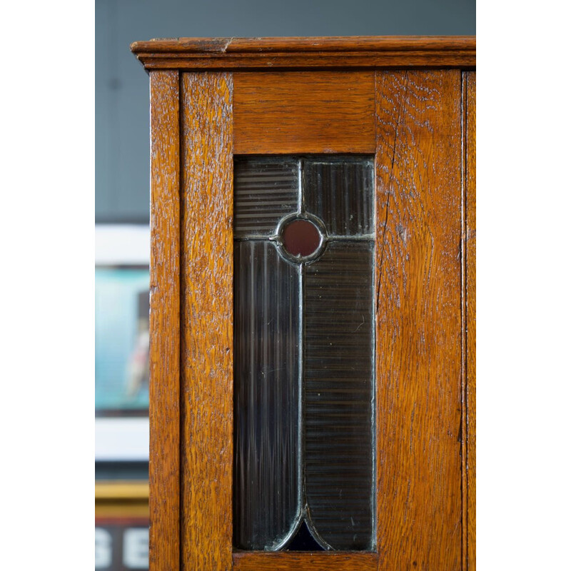 Mid century solid oak Arts & Crafts wardrobe with stained glass detail 