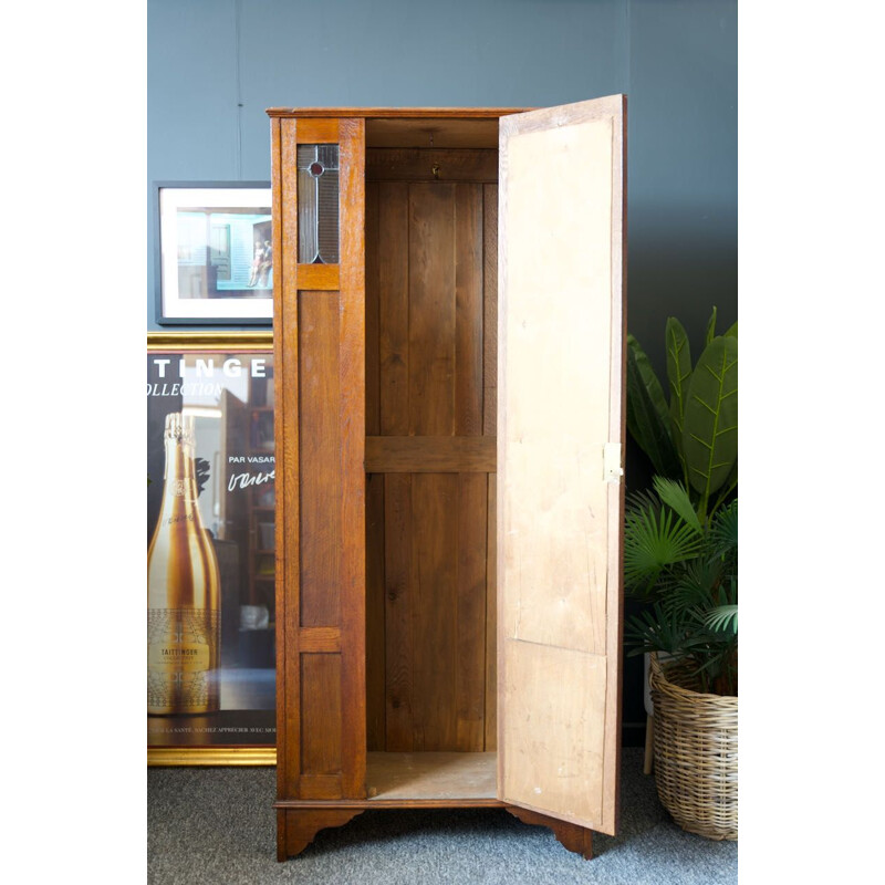 Mid century solid oak Arts & Crafts wardrobe with stained glass detail 