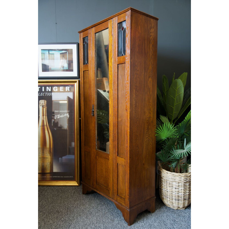 Mid century solid oak Arts & Crafts wardrobe with stained glass detail 