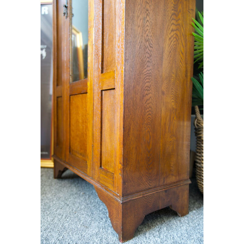 Mid century solid oak Arts & Crafts wardrobe with stained glass detail 