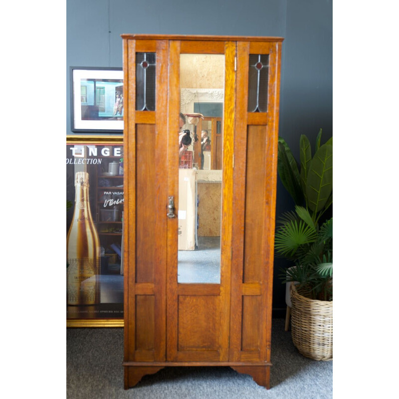 Mid century solid oak Arts & Crafts wardrobe with stained glass detail 