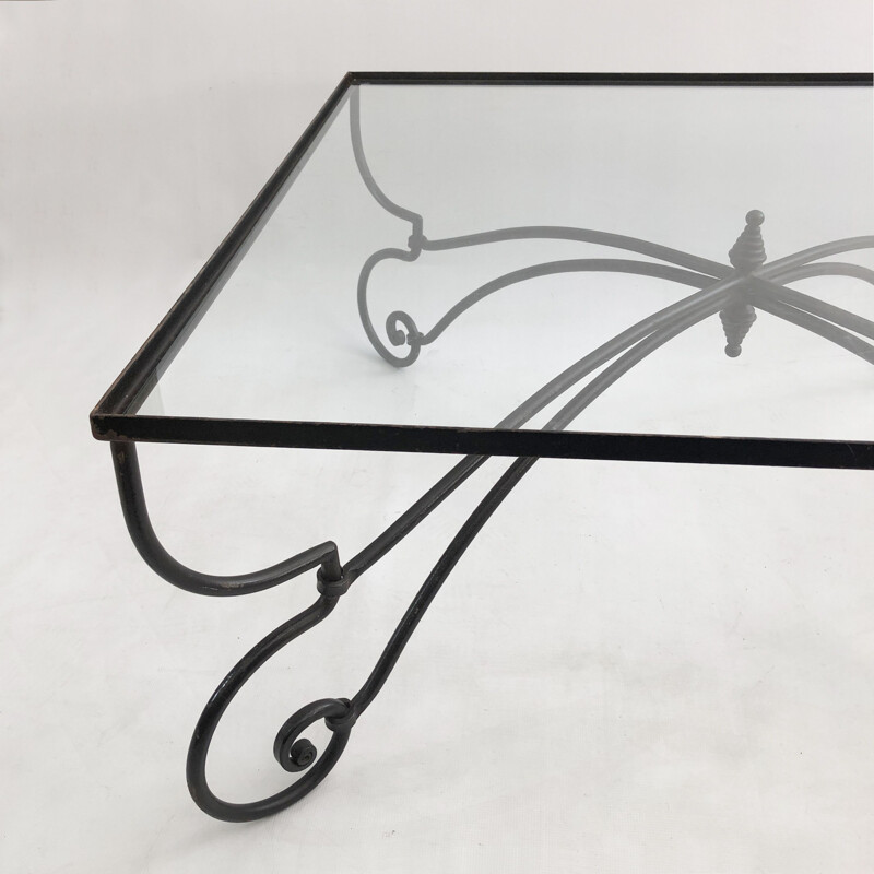 Mid century forged iron & glass square coffee table art nouveau outdoor 1940s