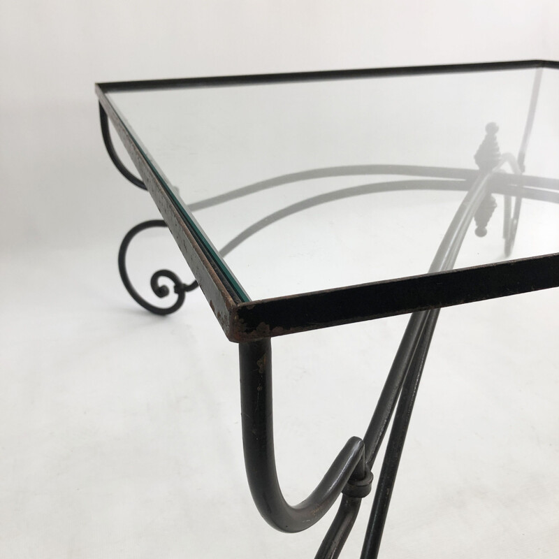Mid century forged iron & glass square coffee table art nouveau outdoor 1940s