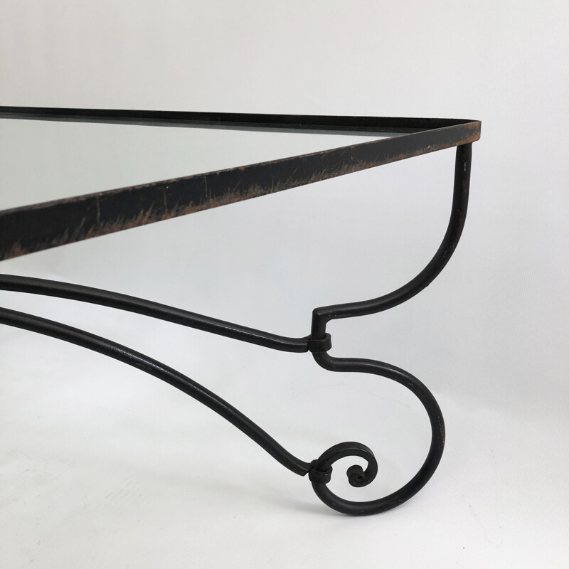 Mid century forged iron & glass square coffee table art nouveau outdoor 1940s