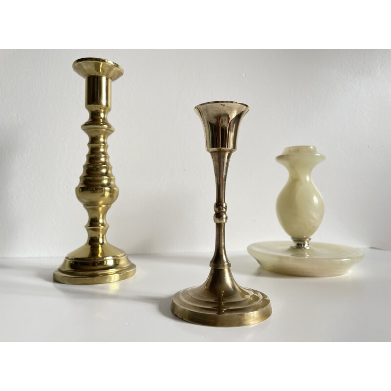 Set of 3 vintage brass and onyx candleholders, 1970s