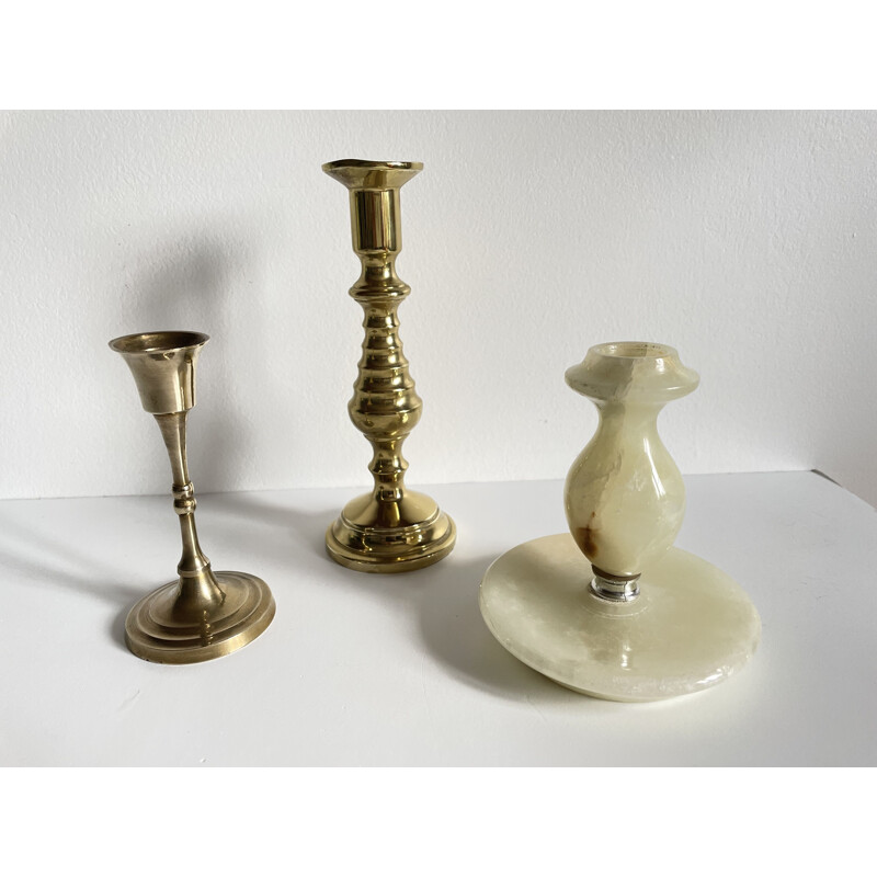 Set of 3 vintage brass and onyx candleholders, 1970s