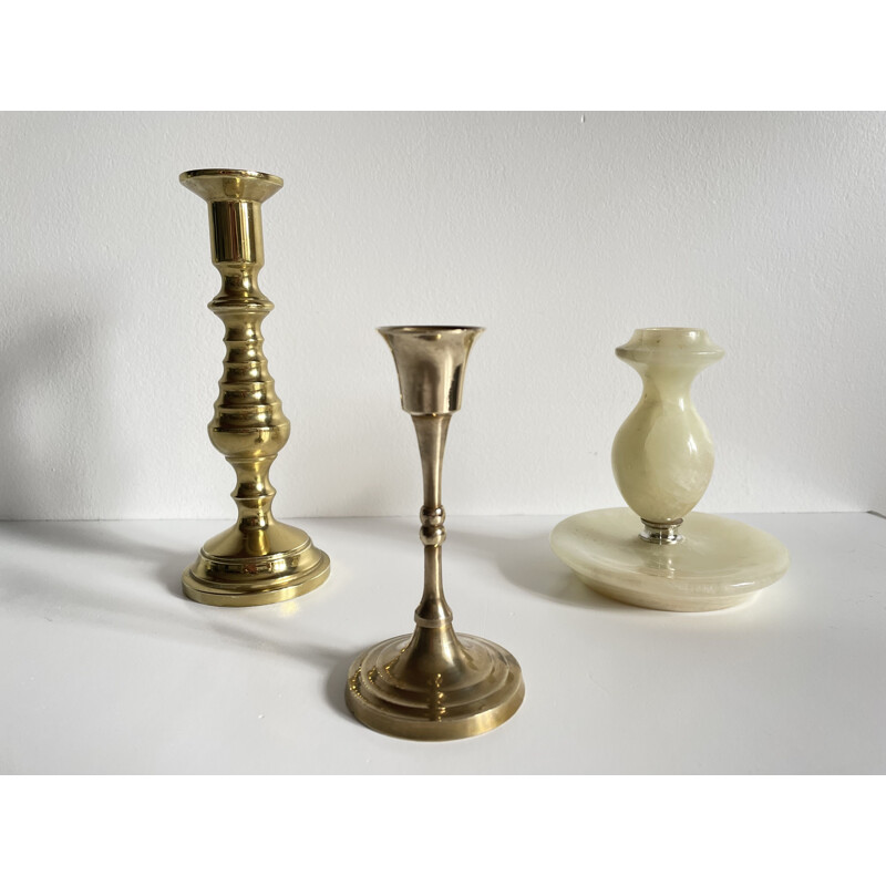 Set of 3 vintage brass and onyx candleholders, 1970s