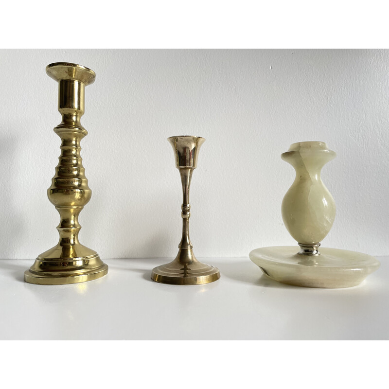 Set of 3 vintage brass and onyx candleholders, 1970s