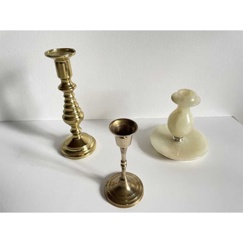 Set of 3 vintage brass and onyx candleholders, 1970s