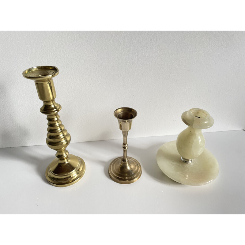 Set of 3 vintage brass and onyx candleholders, 1970s