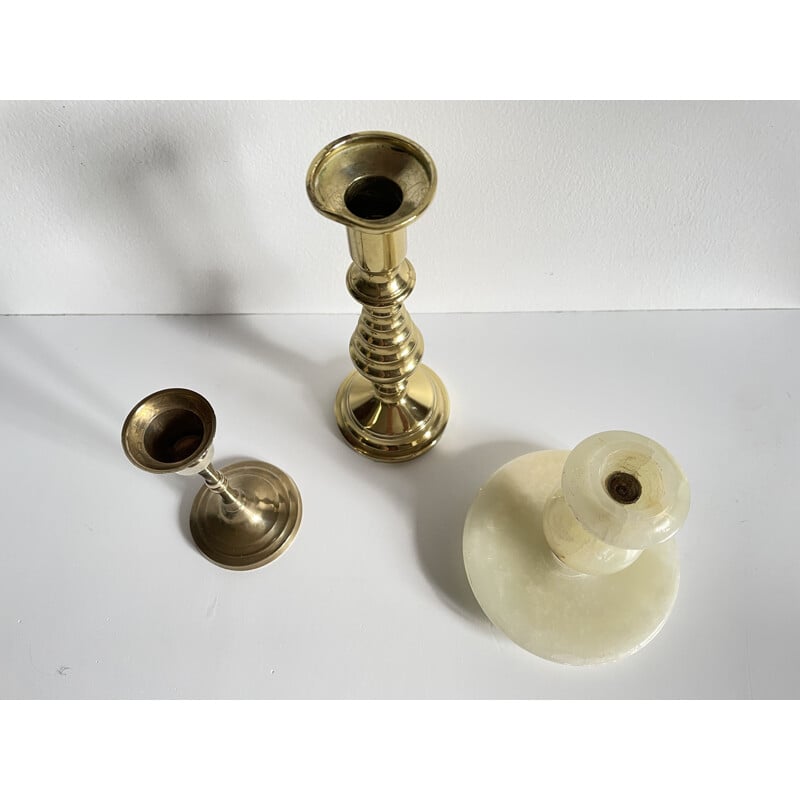 Set of 3 vintage brass and onyx candleholders, 1970s