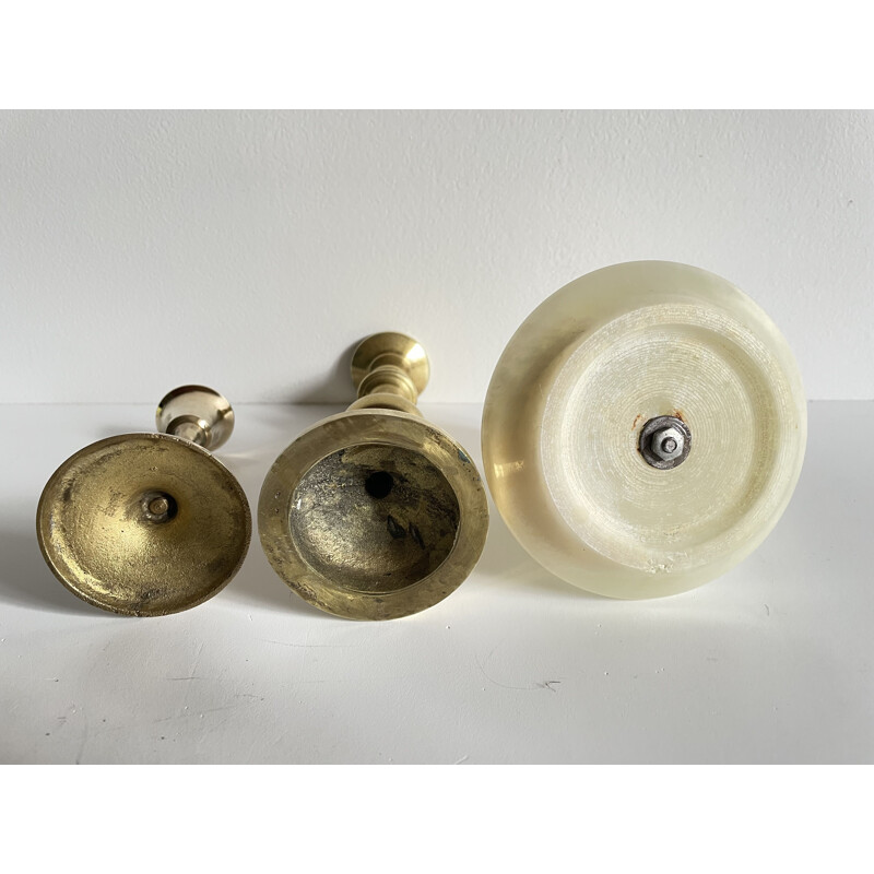 Set of 3 vintage brass and onyx candleholders, 1970s