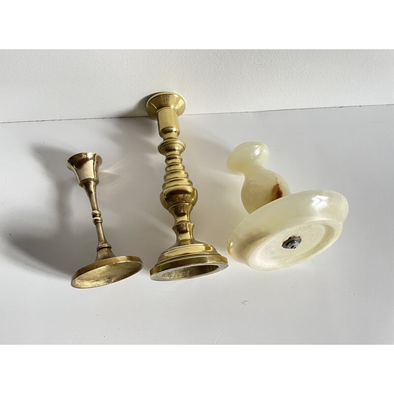 Set of 3 vintage brass and onyx candleholders, 1970s