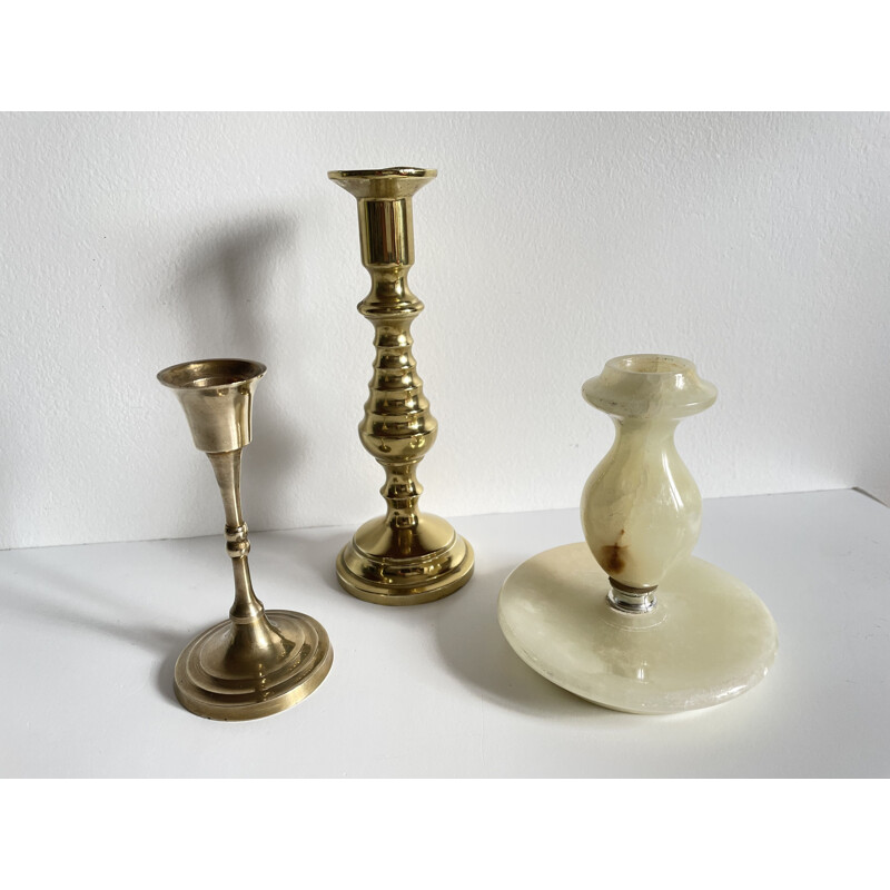 Set of 3 vintage brass and onyx candleholders, 1970s