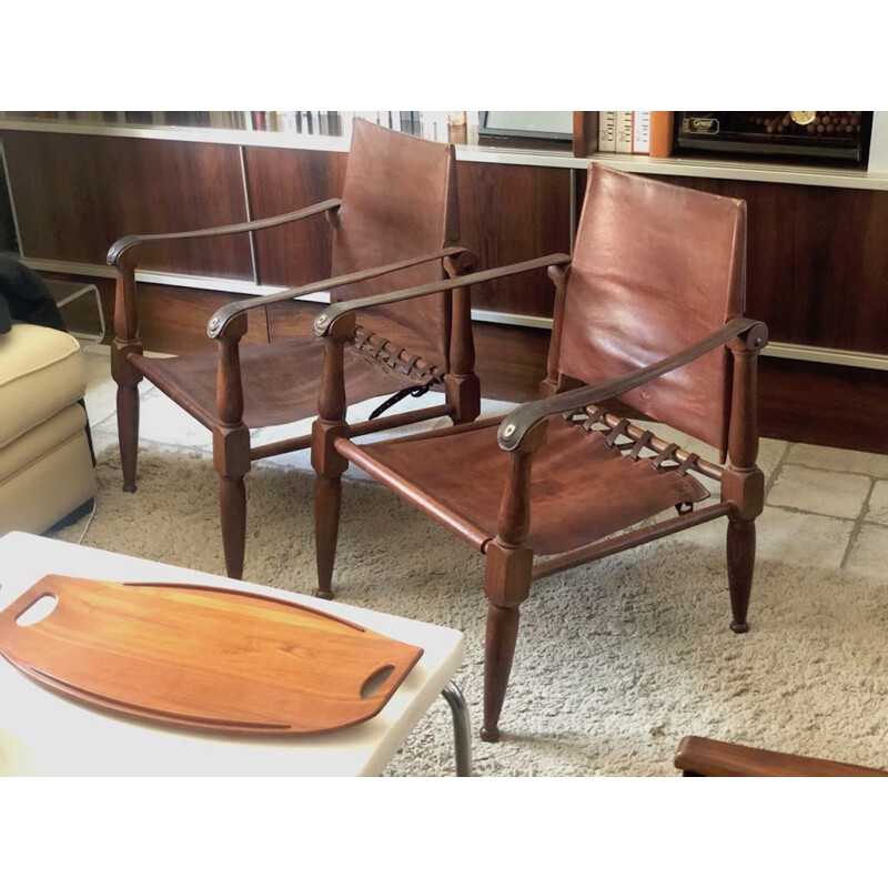 Pair of vintage leather safari chairs by Wilhelm Kienzle for Wohnbedarf 1950s