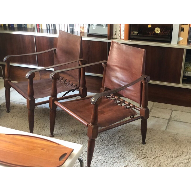 Pair of vintage leather safari chairs by Wilhelm Kienzle for Wohnbedarf 1950s