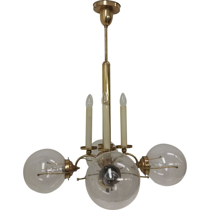 Vintage brass chandelier with 4 round transparent shades, Czechoslovakia 1940