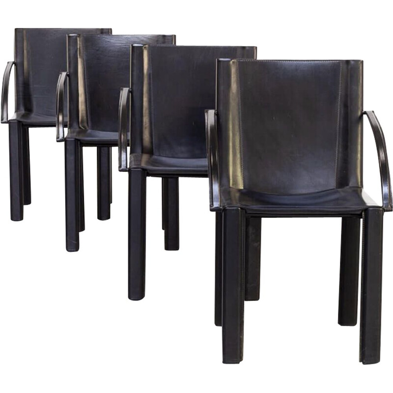 4 Esszimmerstühle aus schwarzem Vintage-Leder von Carlo Bartoli für Matteo Grassi 1970