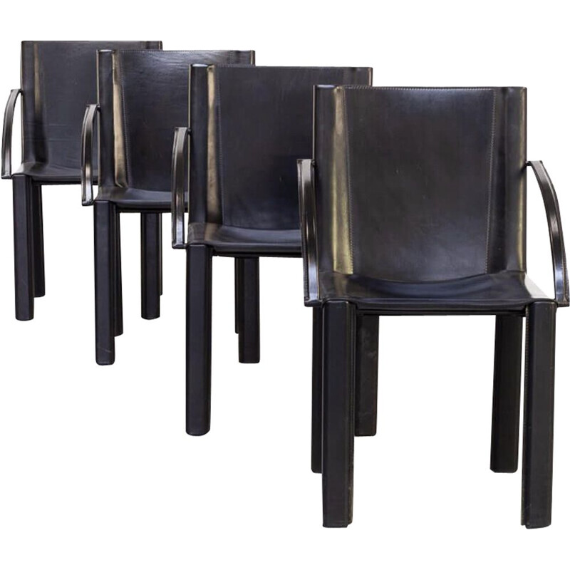 Set of 4 vintage black leather dining chair by Carlo Bartoli for Matteo Grassi 1970