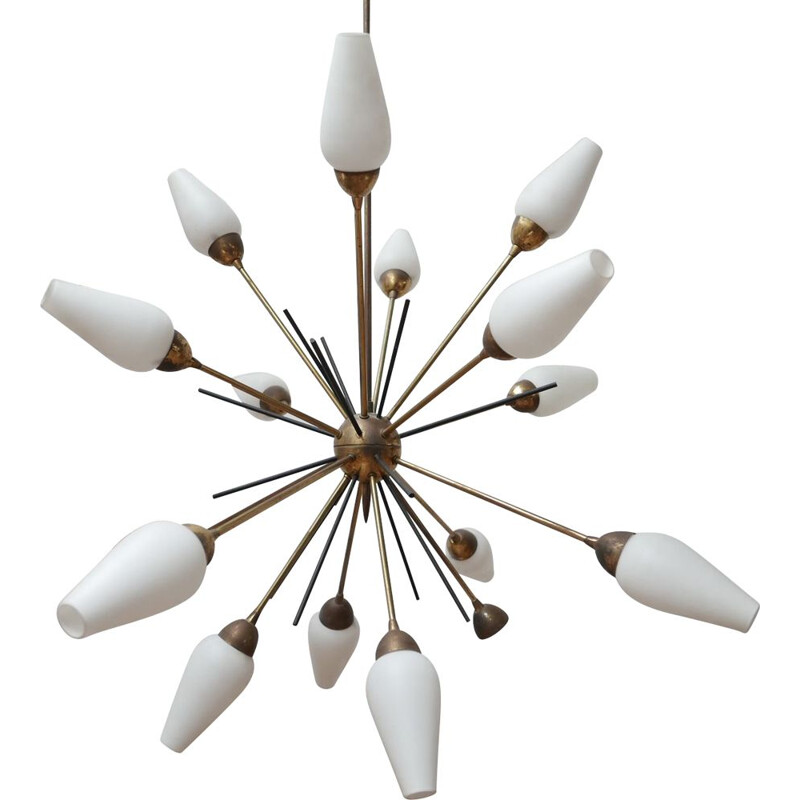 Mid century Italian Sputnik opaline glass and brass chandelier