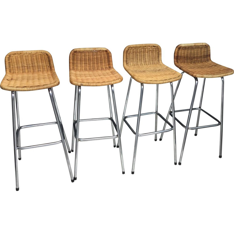 Set of 4 vintage rattan bar stools by Dirk Van Sliedrecht for Rohé Noordwolde 