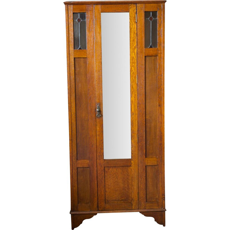 Mid century solid oak Arts & Crafts wardrobe with stained glass detail 