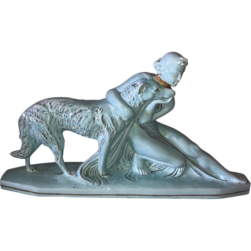 Mid century statue of a woman and a greyhound in glazed earthenware from the Art Deco, 1930s