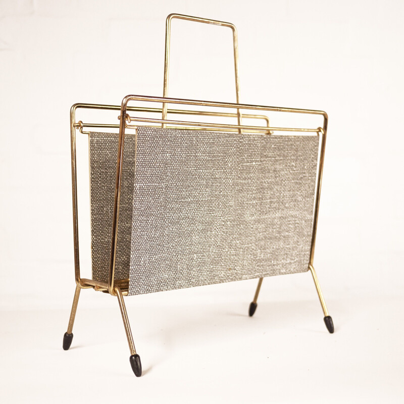 Vintage brass and fabric magazine rack, 1970s